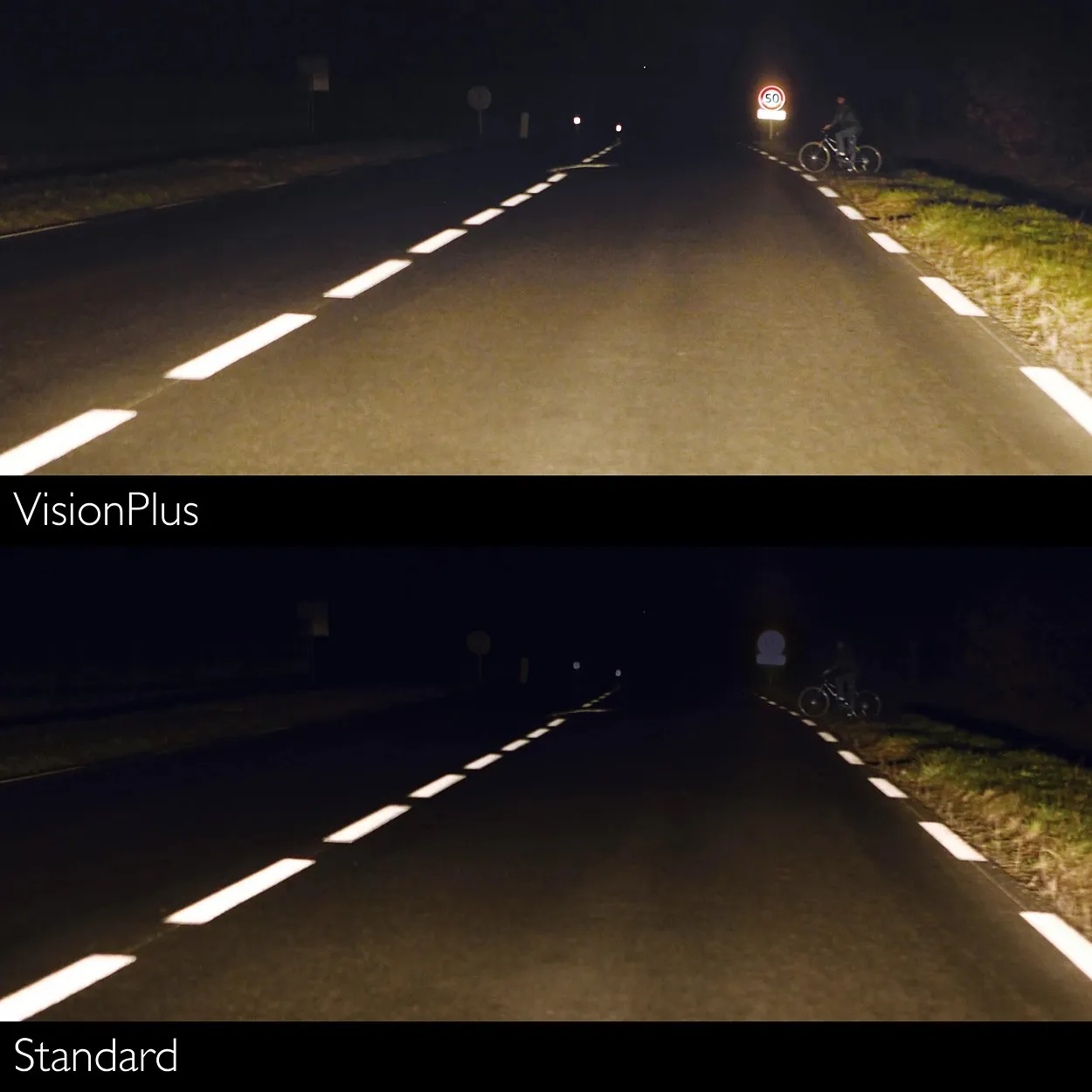 Porównanie zasięgu świateł VisionPlus i standardowych na nocnej drodze z widocznym rowerzystą.