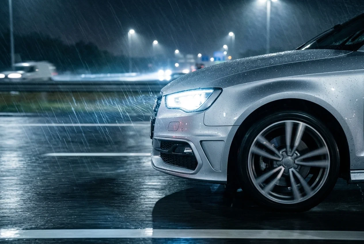 Samochód z włączonymi jasnymi reflektorami jadący autostradą w nocy podczas deszczu