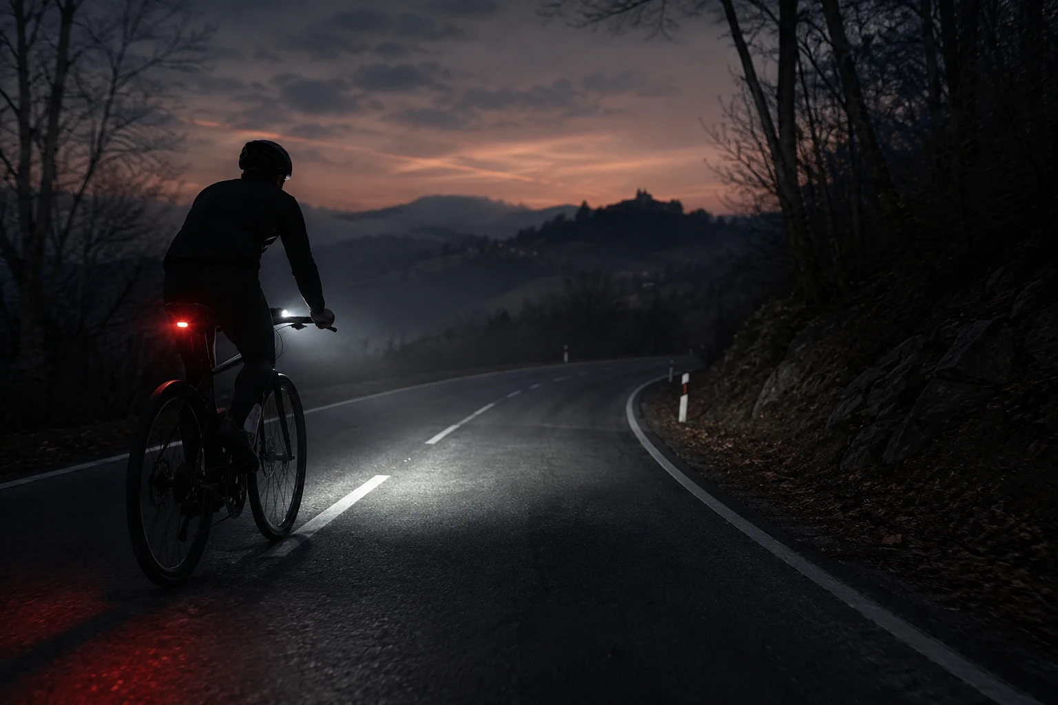 Rowerzysta jedzie krętą drogą o zmierzchu z włączonym przednim i tylnym oświetleniem rowerowym