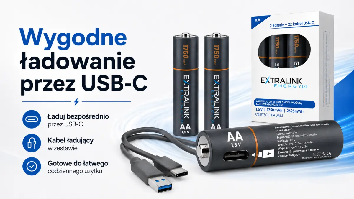 Akumulatory AA Extralink Energy 1750 mAh ładowane przez USB-C z przewodem