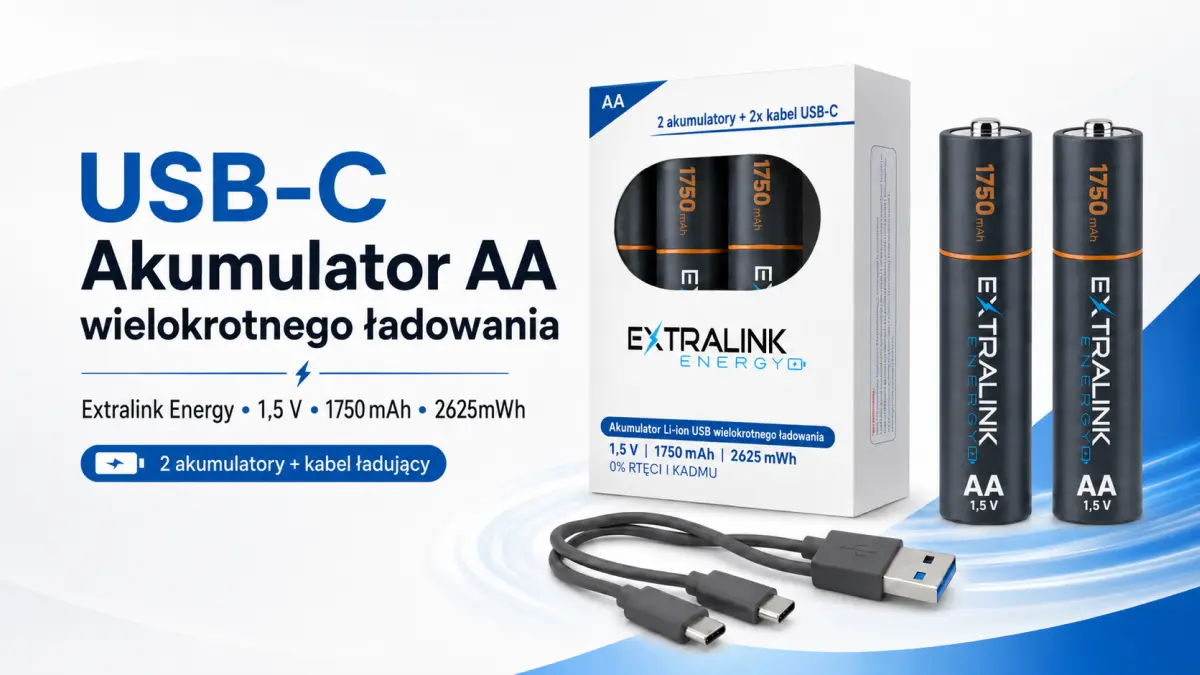 Zestaw akumulatorów AA Extralink Energy z portami USB-C i przewodem do ładowania