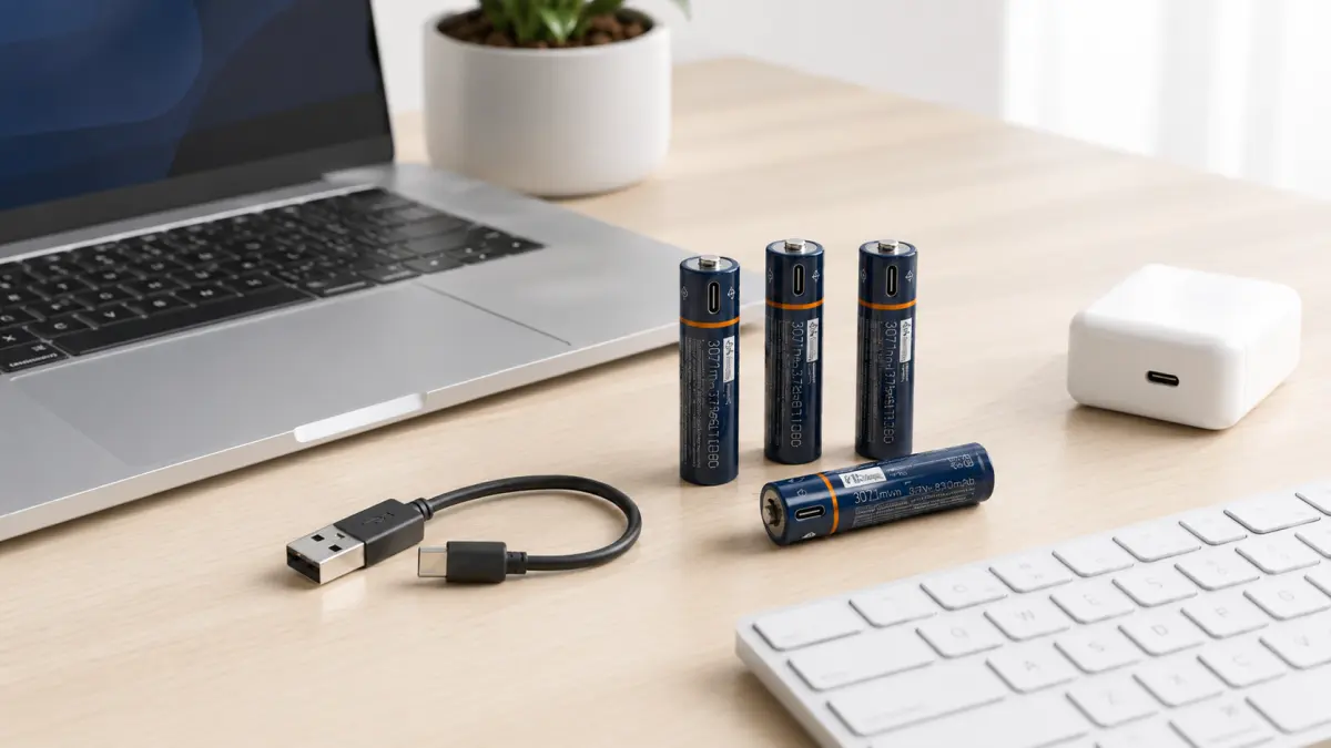 Set aus vier AA-USB-C-Akkus 1,5 V mit Ladekabel auf dem Schreibtisch