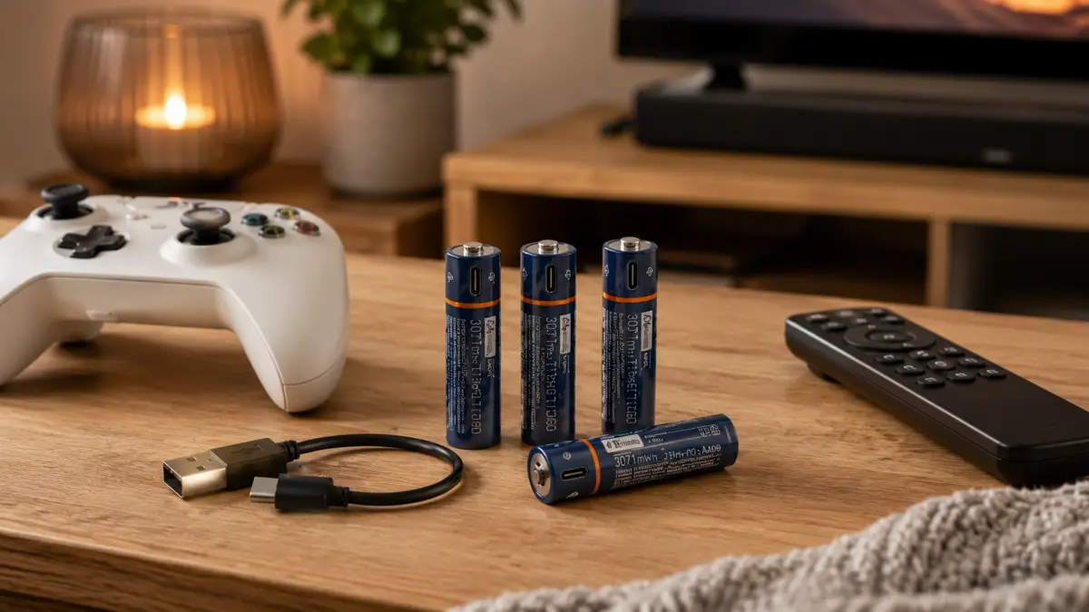 AA-USB-C-Akkus mit Kabel neben einem Gamecontroller und einer Fernbedienung