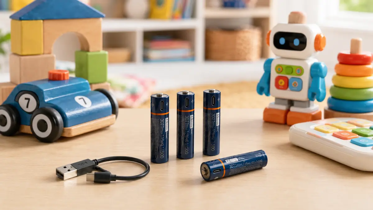 Vier AA-USB-C-Akkus 1750 mAh mit Kabel inmitten von Spielzeug