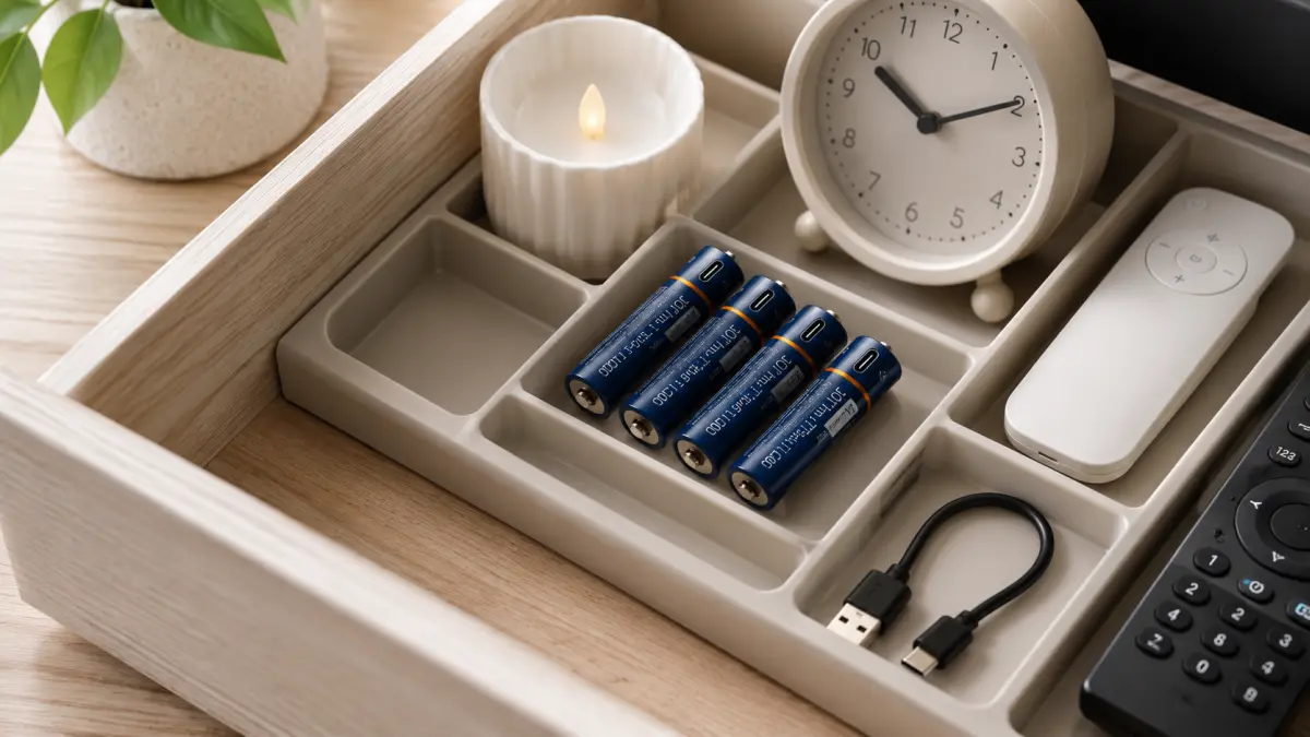 Set aus AA-USB-C-Akkus mit Kabel, aufbewahrt in einem Organizer mit Fernbedienungen