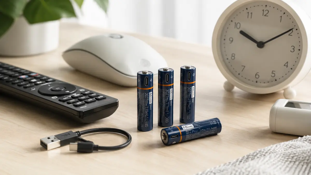 AA-USB-C-Akkus 1750 mAh auf dem Schreibtisch neben Fernbedienung, Maus und Uhr