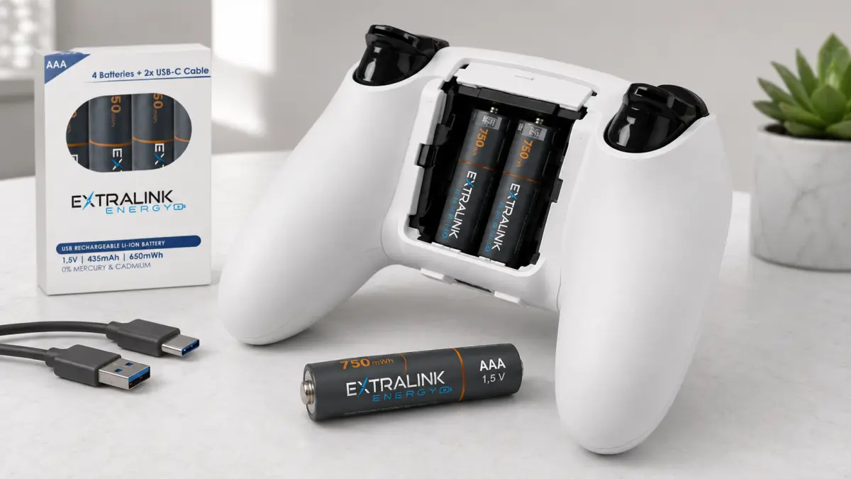 Akumulatory AAA Extralink Energy umieszczone w kontrolerze do gier