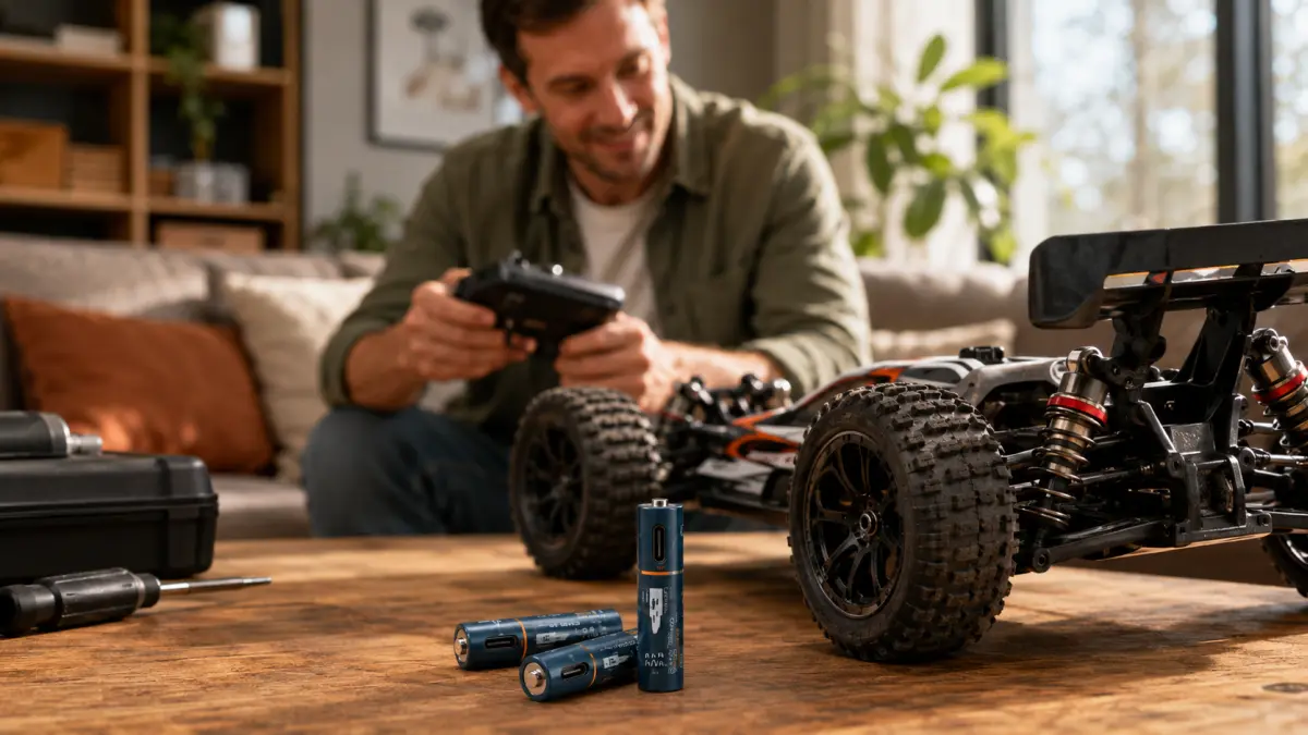 RC araba ve kumanda ekipmanı yanında USB-C AAA aküler.