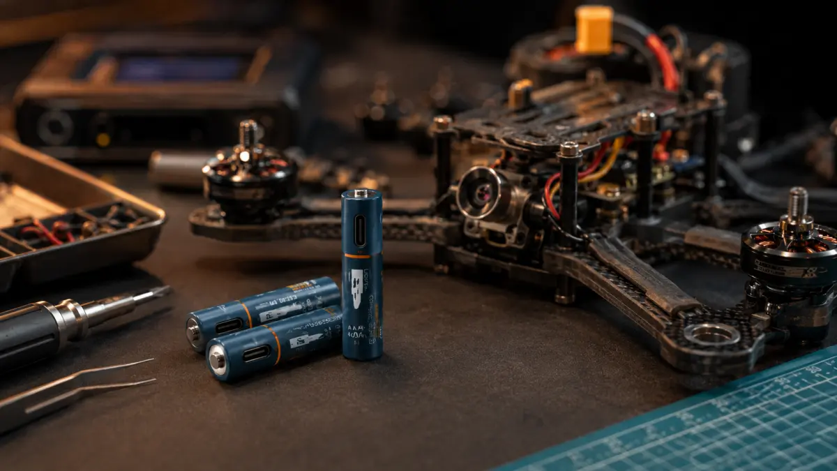 FPV drone modeli yanında USB-C portlu AAA aküler.