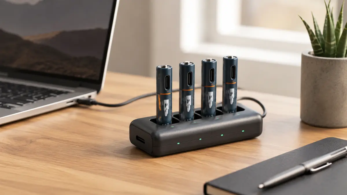 Şarj istasyonunda yerleştirilmiş dört USB-C AAA akü.