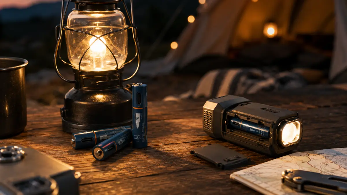 Kamp sırasında el feneri yanında USB-C AAA aküler.