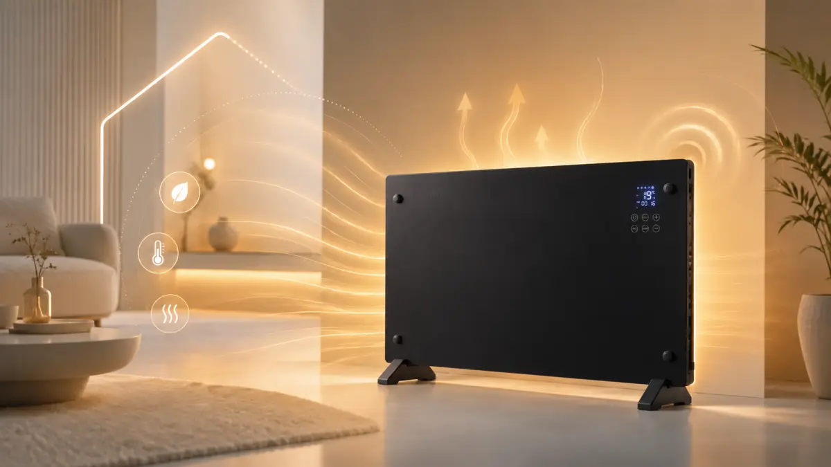 Radiatore a pannello nero in un soggiorno con un alone caldo e grafica del flusso d’aria