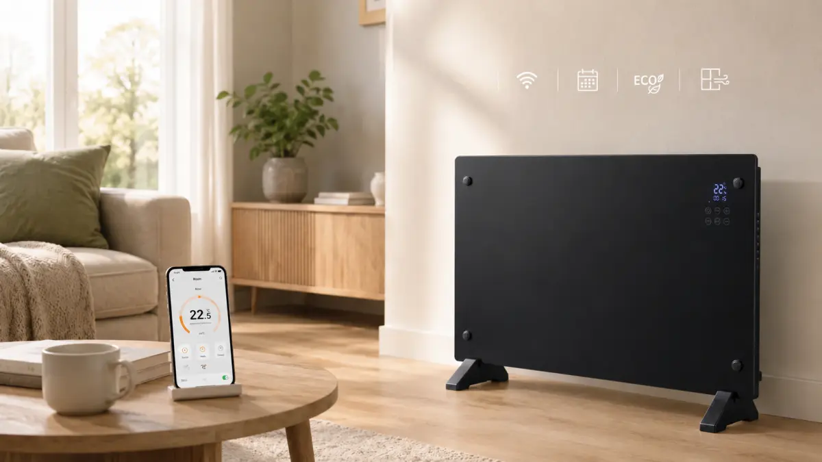 Radiatore a pannello nero vicino alla parete in un soggiorno luminoso, accanto uno smartphone con l’app