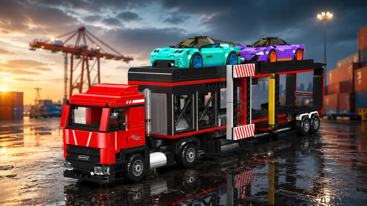 Reboque de blocos vermelho com carro turquesa e roxo em um p&aacute;tio portu&aacute;rio molhado