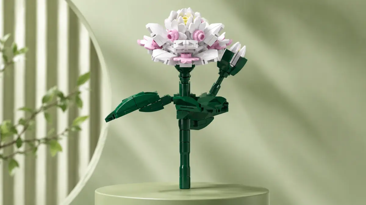 Flor branca e rosa de blocos com caule verde, folhas e bot&atilde;o fechado.