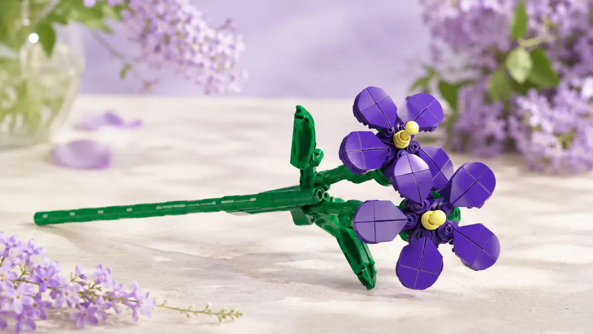 Flor violeta de blocos deitada sobre uma superf&iacute;cie clara entre pequenas flores violetas.