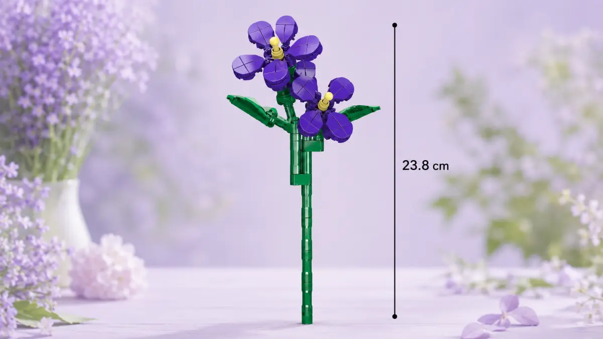 Flor violeta de blocos mostrada na vertical ao lado de uma linha que indica a altura do modelo.