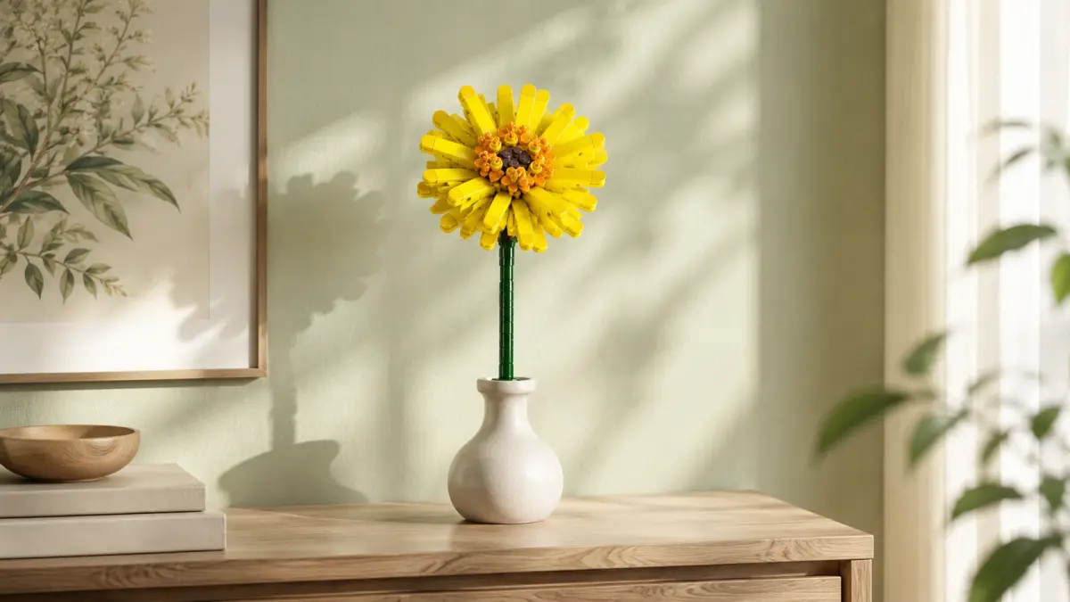Flor amarela de blocos num vaso branco colocado sobre uma c&oacute;moda de madeira num interior claro.