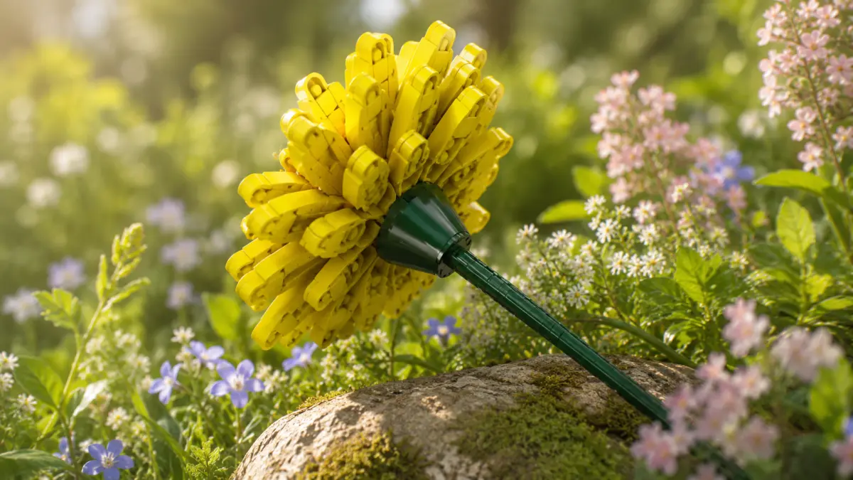 Flor amarela de blocos deitada sobre uma pedra, mostrada por tr&aacute;s entre flores coloridas de jardim.