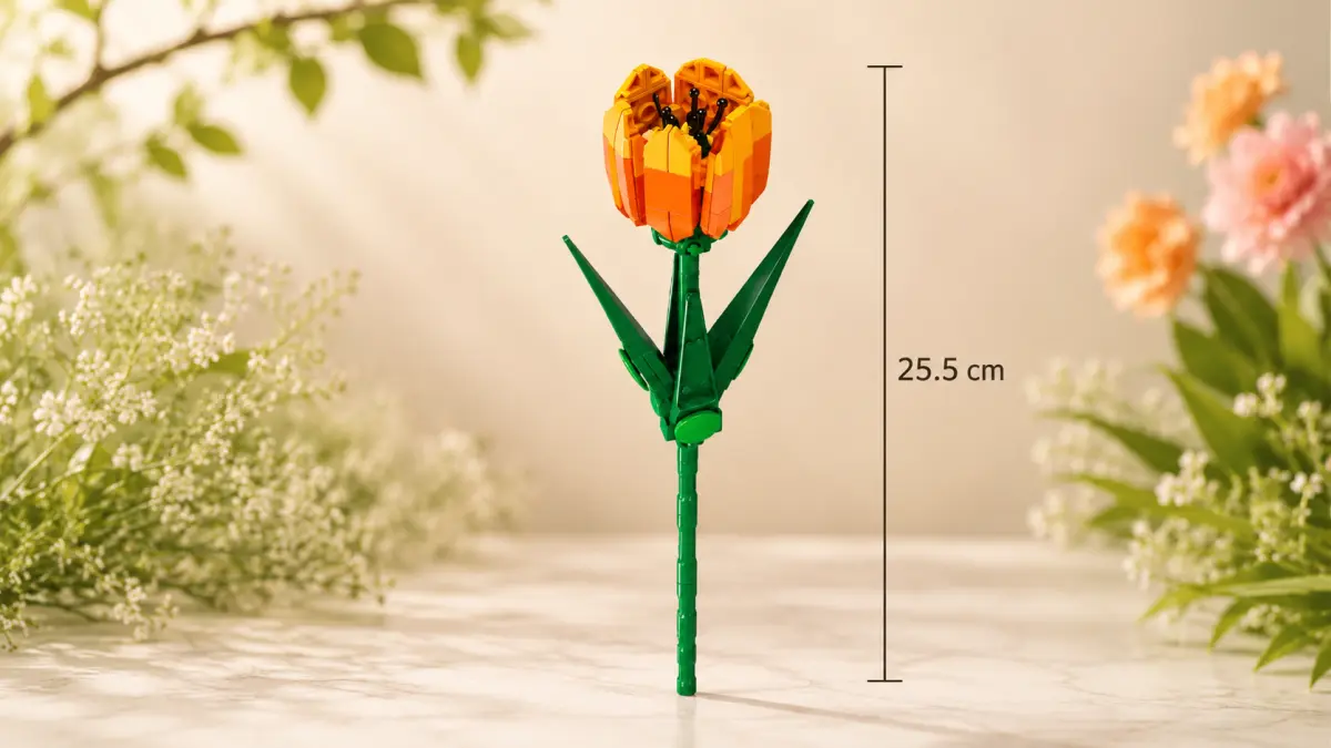 Flor laranja de blocos com caule verde comprido colocada sobre um fundo claro com plantas.