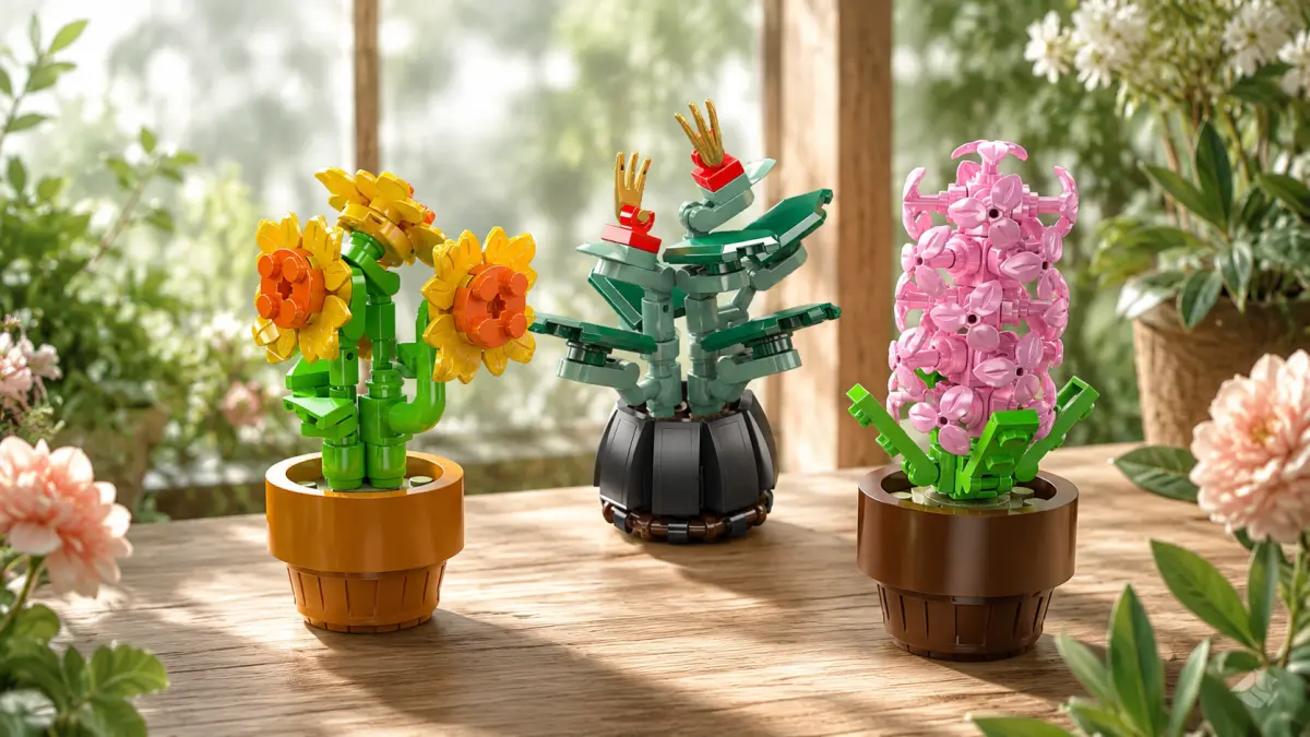 Tr&ecirc;s modelos florais de blocos em vasos colocados sobre uma mesa de madeira entre plantas.