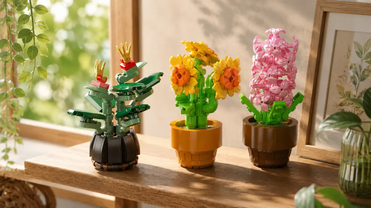 Tr&ecirc;s plantas decorativas de blocos em vasos colocadas numa prateleira junto a uma janela ensolarada.