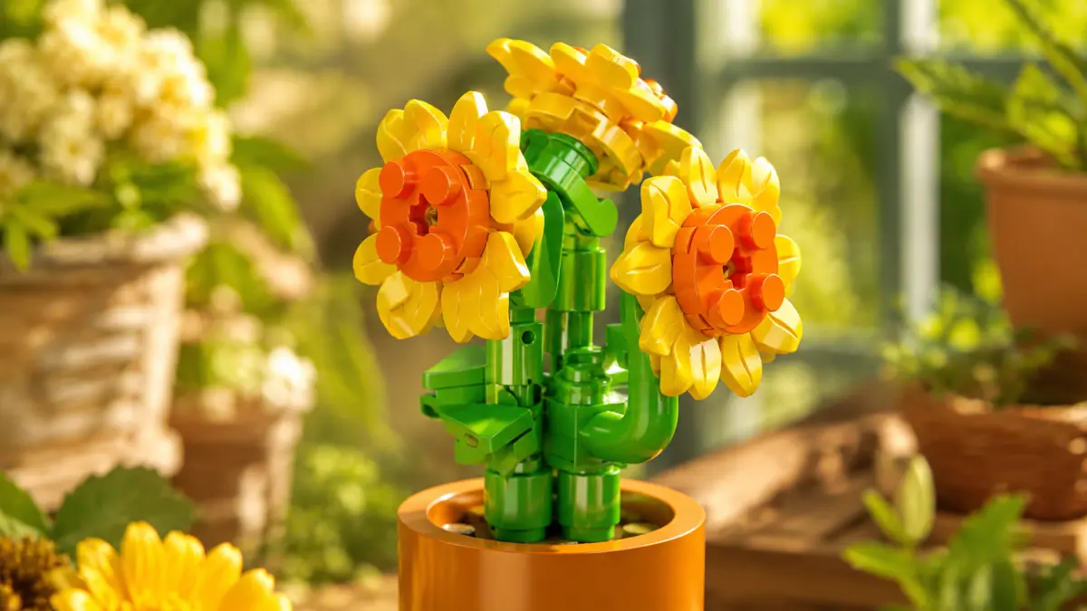 Tr&ecirc;s girass&oacute;is amarelos de blocos em caules verdes num vaso laranja.