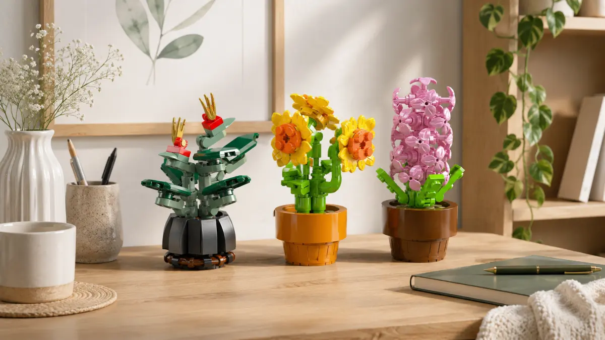 Tr&ecirc;s plantas de blocos em vasos colocadas numa secret&aacute;ria de madeira ao lado de um bloco de notas e utens&iacute;lios.