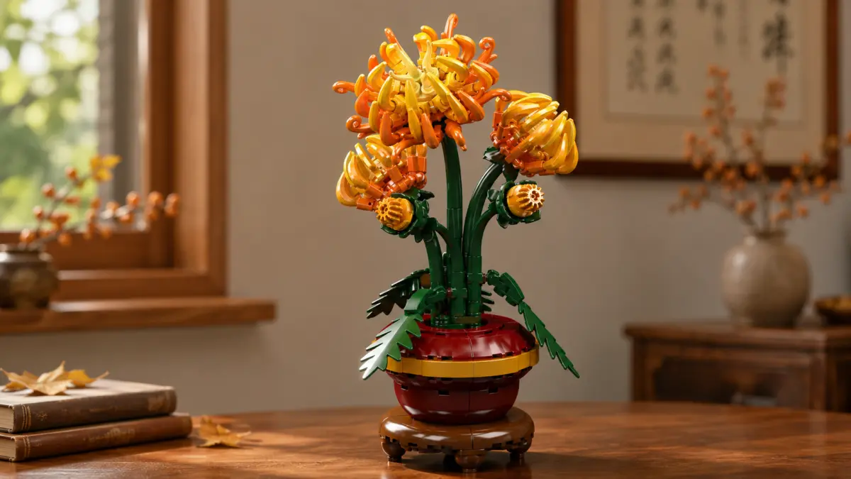 Flores laranja e amarelas de blocos em um vaso vermelho sobre uma mesa de madeira em um interior acolhedor.