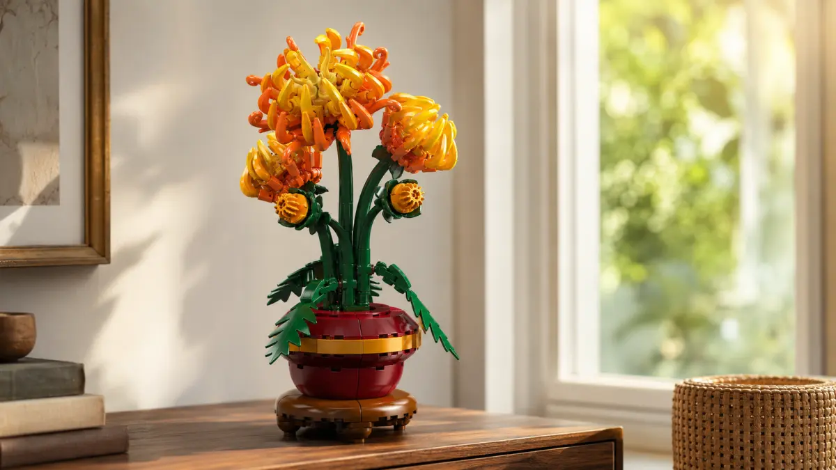 Flores de blocos em um vaso vermelho colocadas sobre uma cômoda ao lado de uma janela clara e de um cesto trançado.