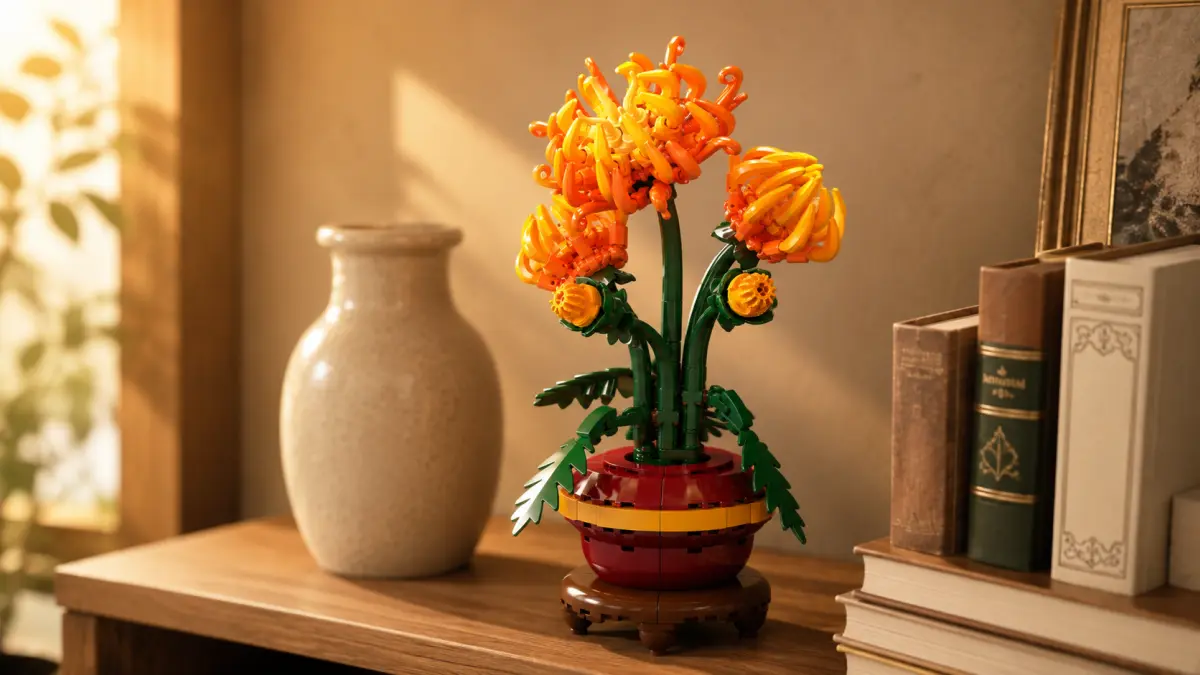Flores laranja de blocos em um vaso vermelho colocadas ao lado de um vaso e de livros.