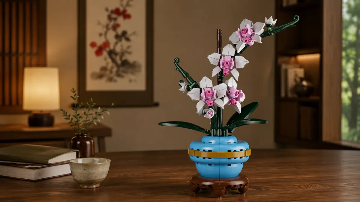 Orchidea di mattoncini in un vaso blu su un tavolo in un interno elegante
