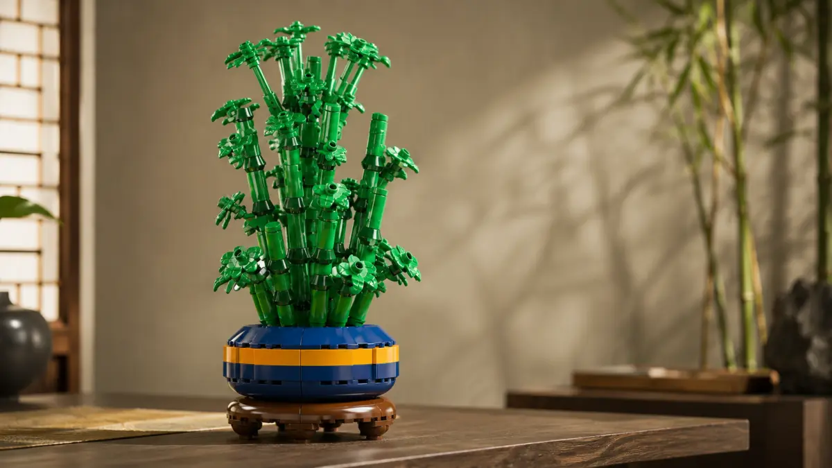 Bambu decorativo de blocos num vaso redondo sobre uma mesa de madeira num interior oriental.