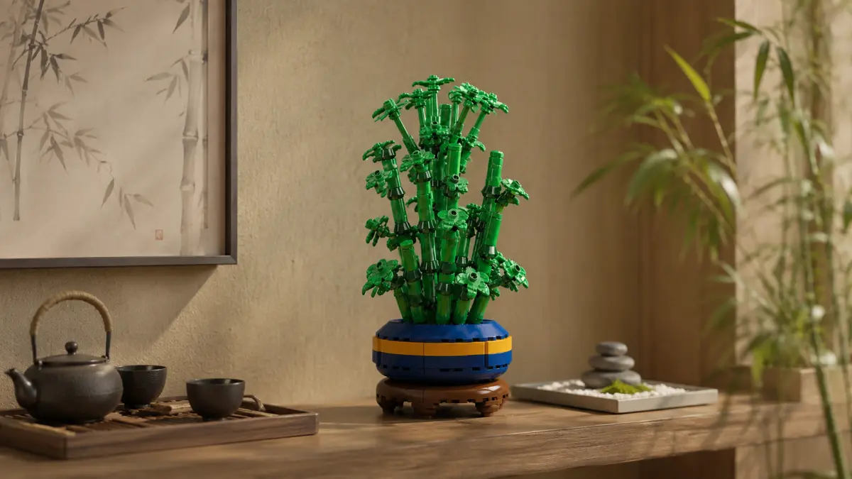 Bambu de blocos numa c&oacute;moda de madeira ao lado de um servi&ccedil;o de ch&aacute; e decora&ccedil;&atilde;o zen.