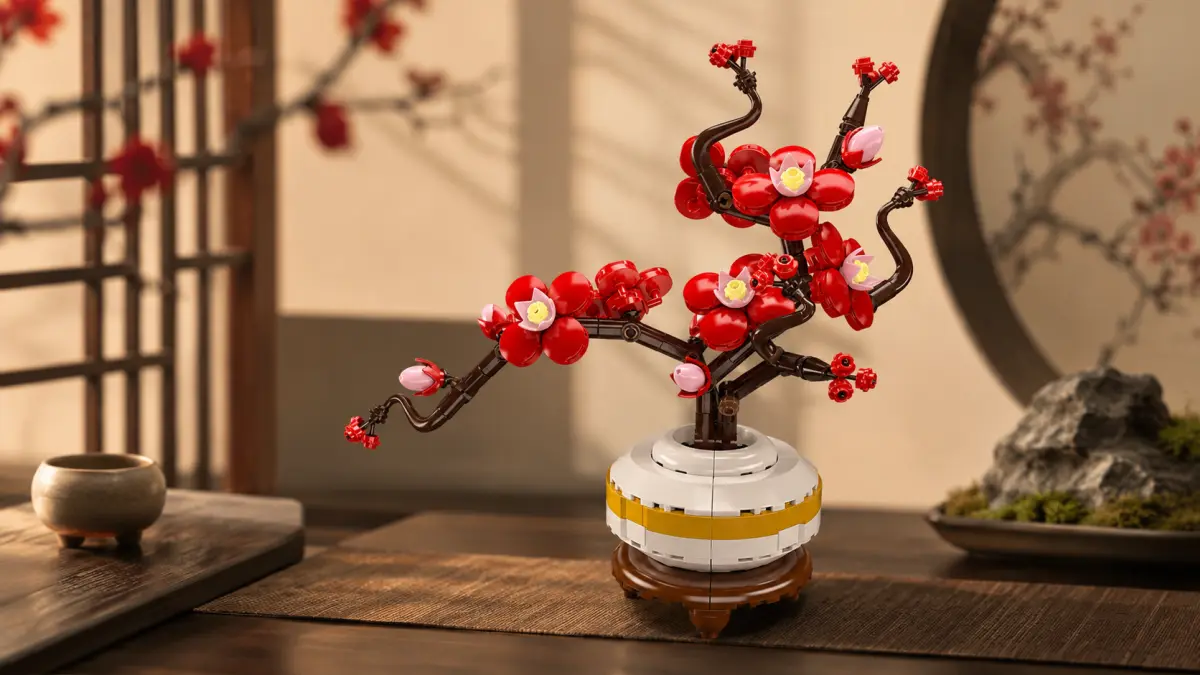 Ramo de ameixeira de blocos com flores vermelhas num interior decorativo oriental