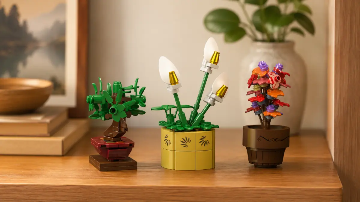 Tr&ecirc;s plantas decorativas de blocos em vasos coloridos colocadas sobre uma c&oacute;moda de madeira.