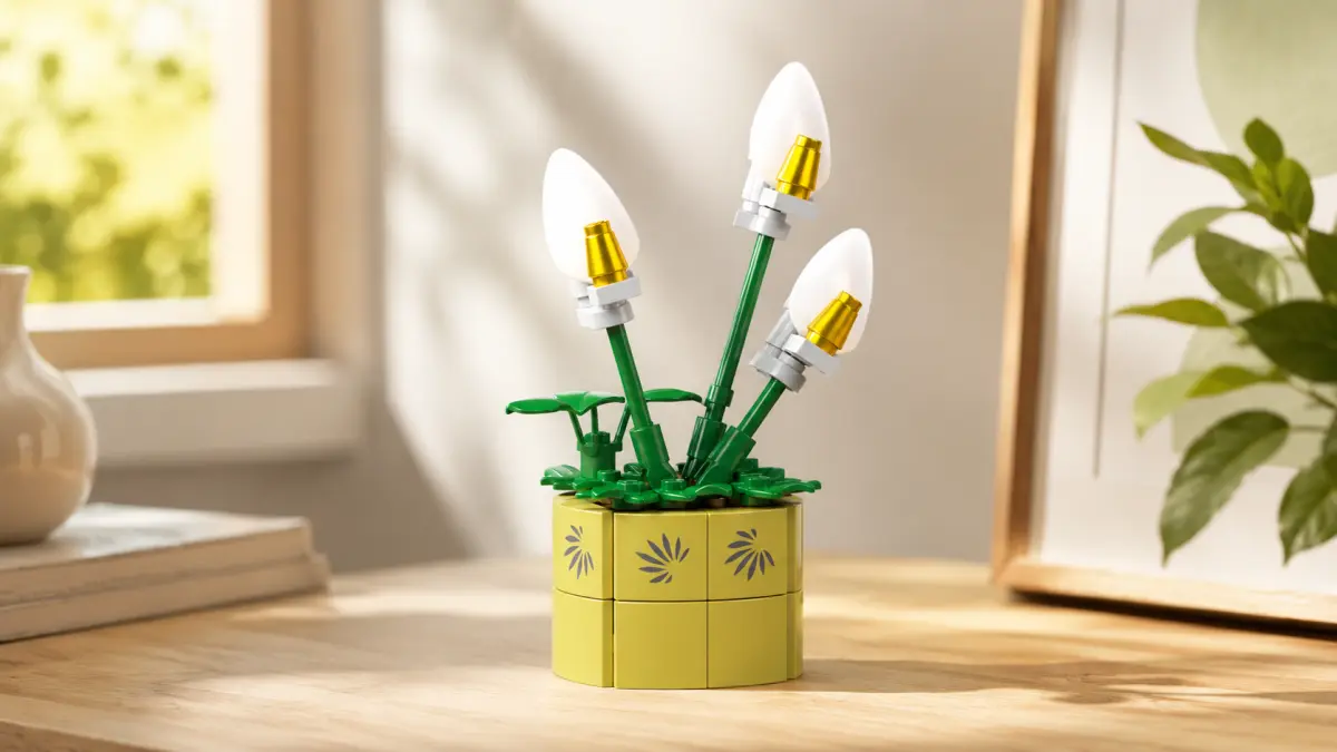 Tr&ecirc;s flores brancas de blocos em hastes verdes num vaso redondo amarelo.