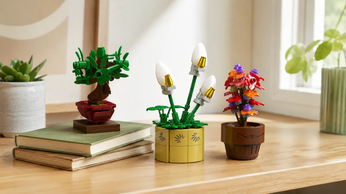 Tr&ecirc;s modelos de plantas de blocos colocados ao lado de livros sobre uma superf&iacute;cie de madeira clara.