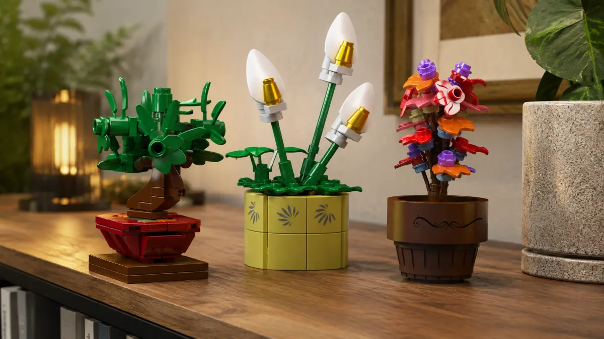 Tr&ecirc;s plantas decorativas de blocos em vasos diferentes numa prateleira de madeira na sala.