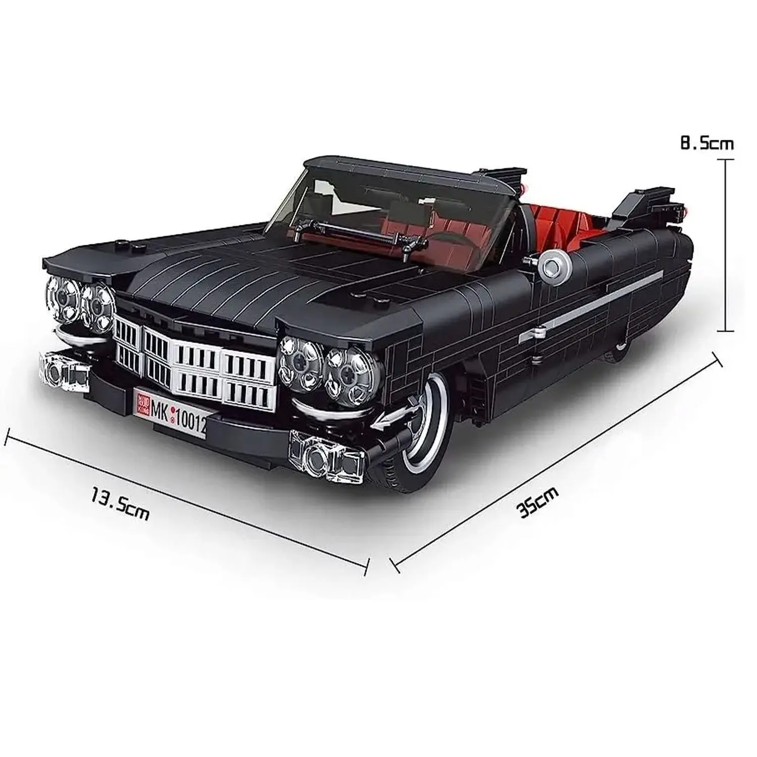 Model czarnego kabrioletu z klocków z zaznaczonymi wymiarami: długość 35 cm, szerokość 13,5 cm, wysokość 8,5 cm.