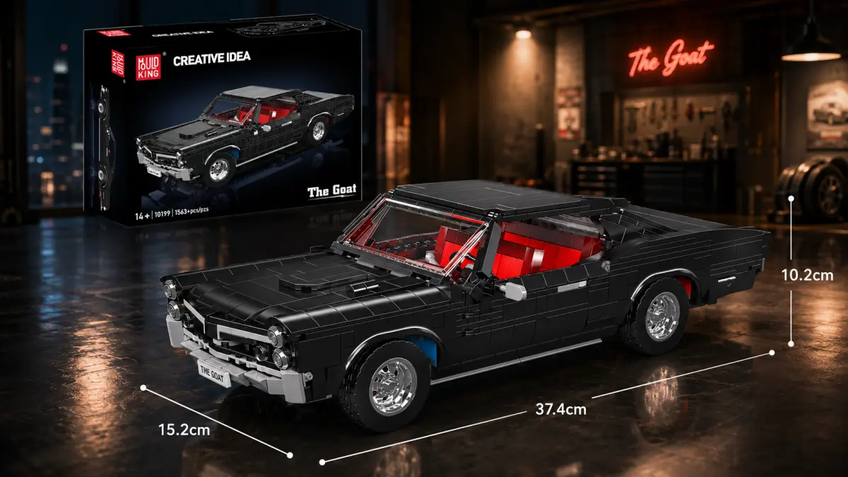 Carro muscle preto de blocos com interior vermelho em frente a uma garagem, ao lado a embalagem do conjunto