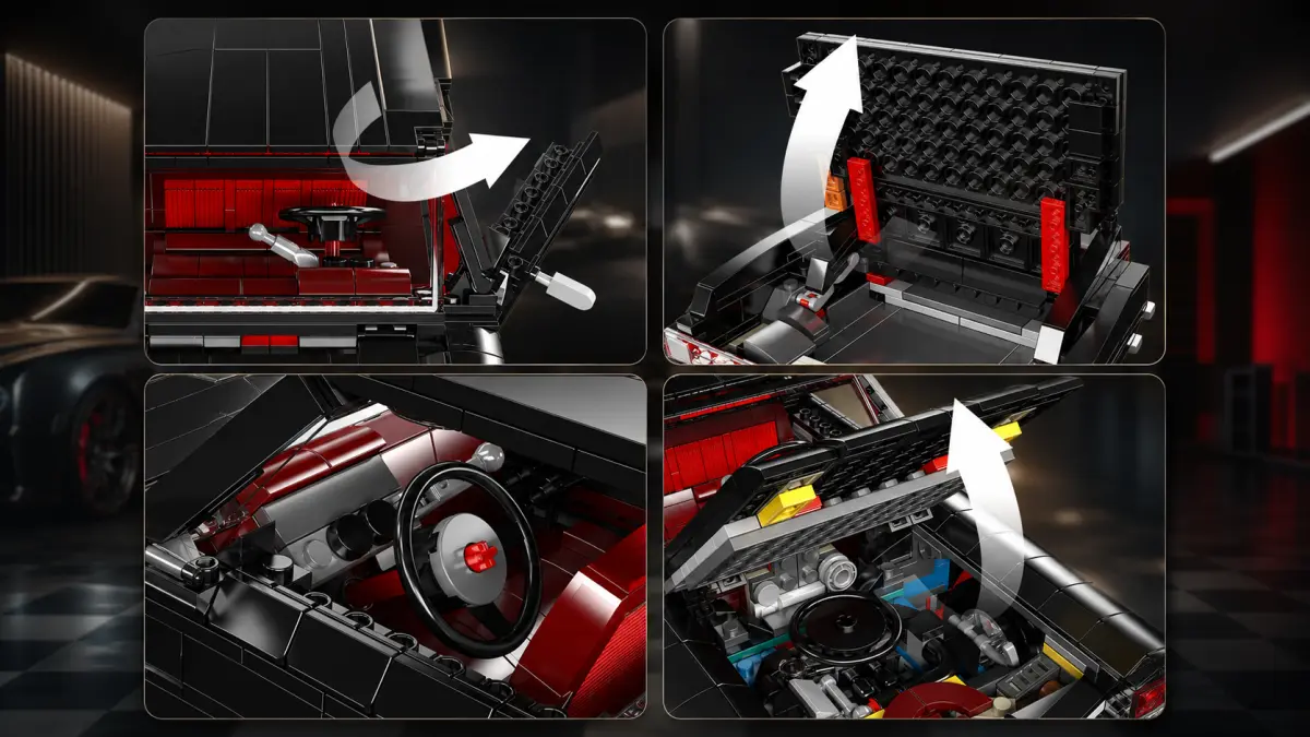 Quatro close-ups do carro muscle de blocos: portas, tampa do porta-malas, cockpit e compartimento do motor