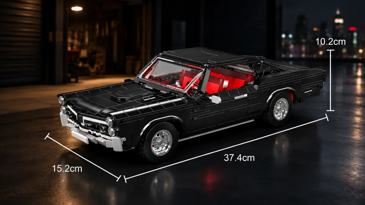 Carro muscle preto de blocos com interior vermelho mostrado de frente em uma garagem escura