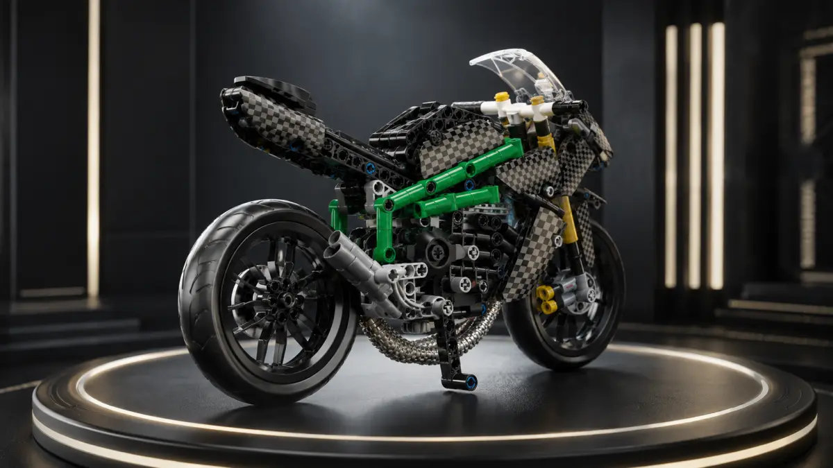 Motorrad aus Bausteinen von hinten auf einer beleuchteten Ausstellungsplattform gezeigt.