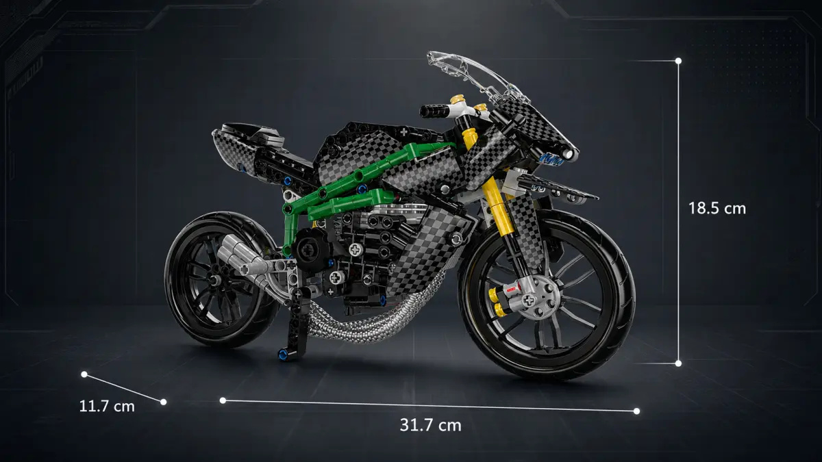 Seitenansicht eines schwarz-grünen Motorrads aus Bausteinen mit markierten Modellmaßen.