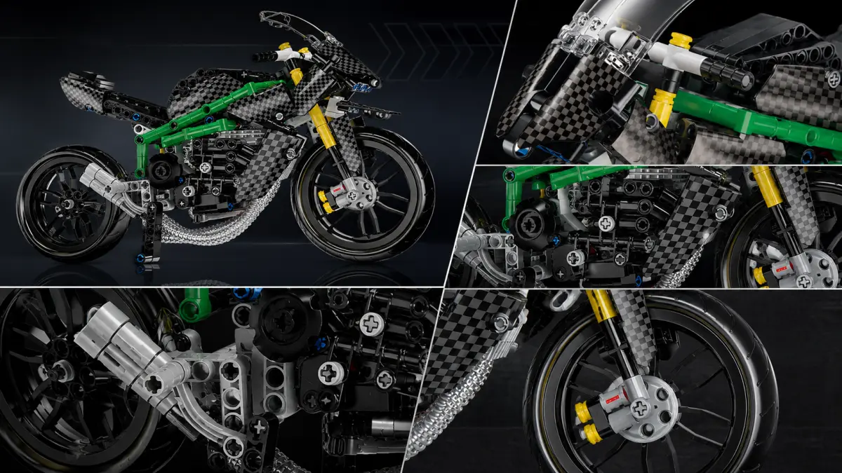 Collage mit dem Motorrad aus Bausteinen sowie Nahaufnahmen von Motor, Vorderrad und Verkleidung.