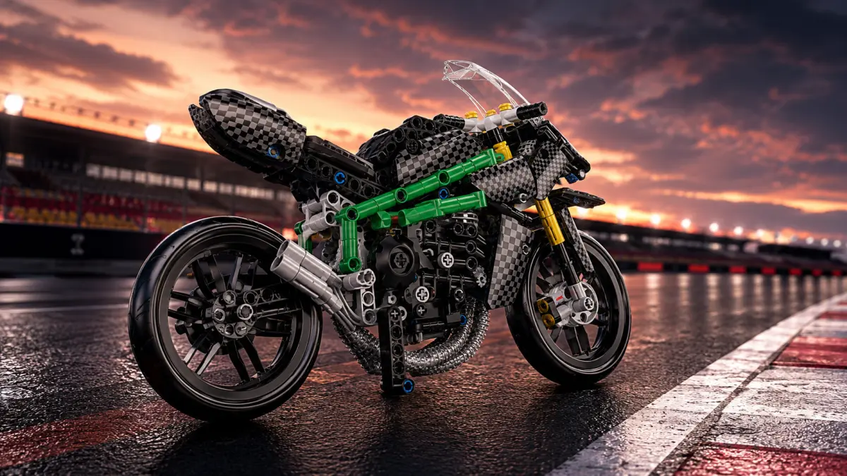 Rennmotorrad aus Bausteinen auf einer nassen Strecke bei Sonnenuntergang aufgestellt.