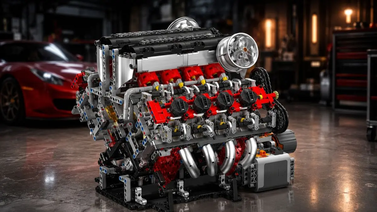 Modello in mattoncini di un motore V8 con dettagli rossi in un'officina, con un'auto rossa sullo sfondo