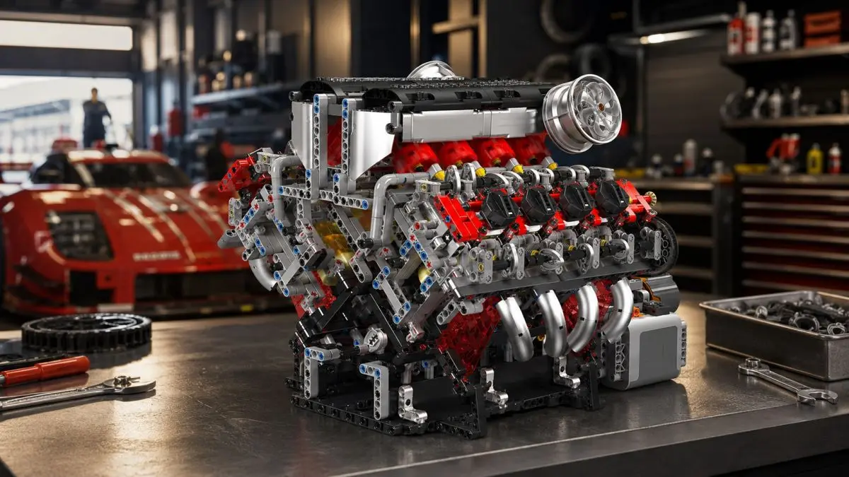 Modello in mattoncini di un motore V8 su un tavolo da officina, accanto a utensili e a un'auto rossa