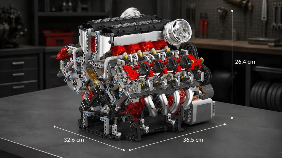 Modello in mattoncini di un motore V8 su un tavolo da officina, ripresa catalogo con le dimensioni indicate